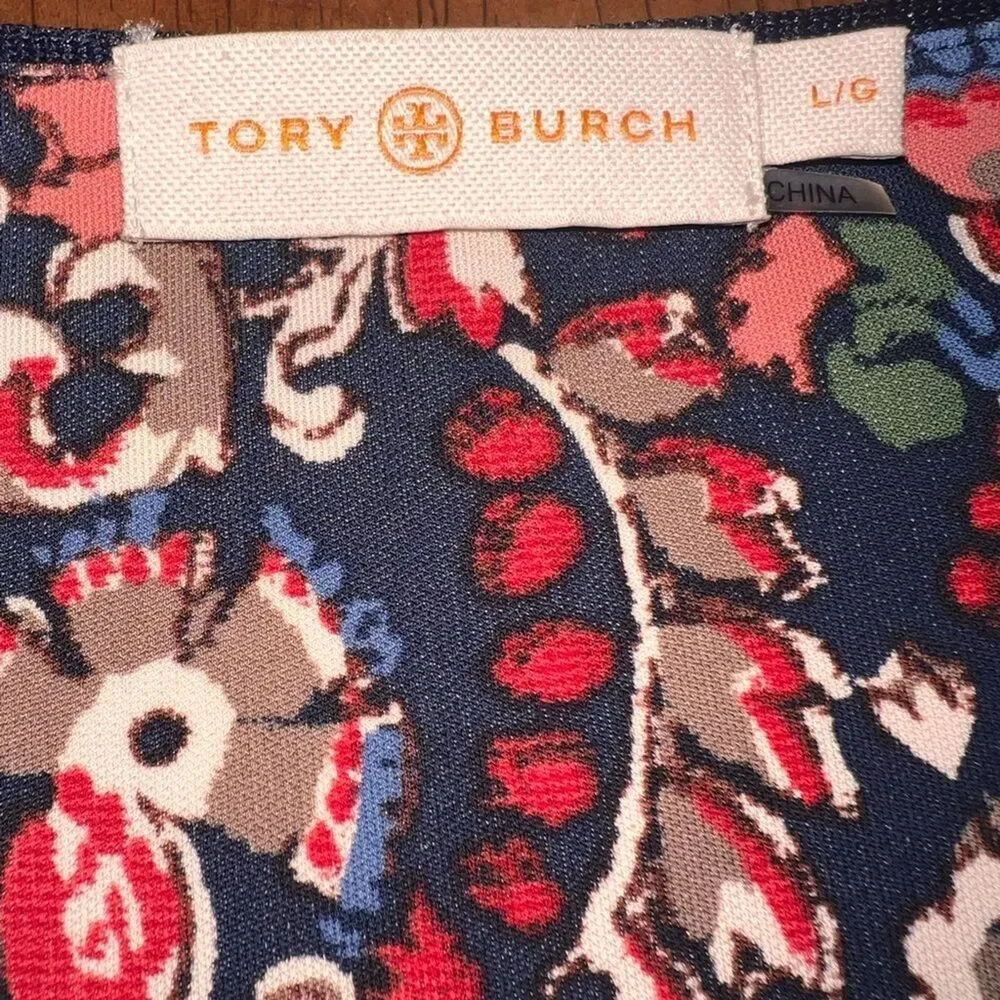 Tory Burch Floral Folk Print Long Sleeve Dress V-Neck Keyhole Stretch Knit L